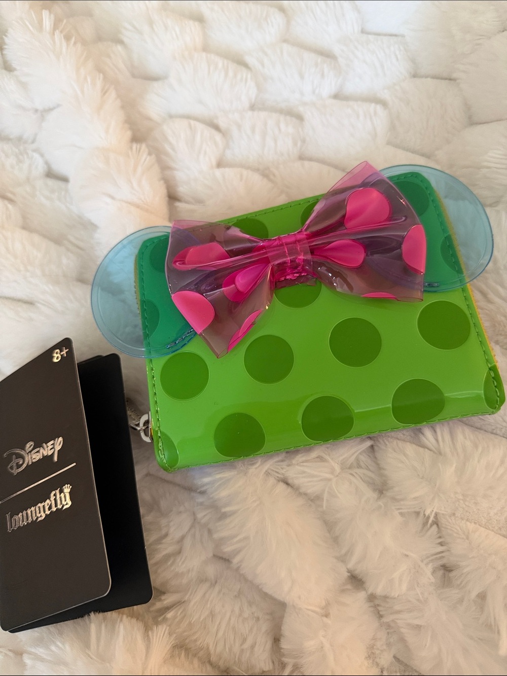 Loungefly Green Polka Dot Minnie Wallet with Pink Bow and Blue Ears
